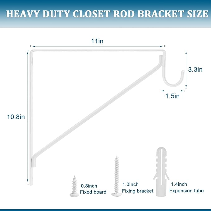 6PCS Heavy Duty White Closet Rod Brackets 11 x 11 Inch, 1-3/8Inch Diameter - Image 2