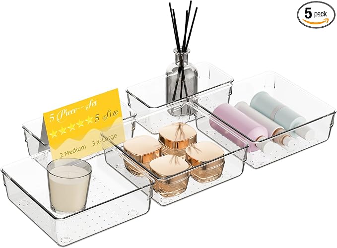 5 PCS Clear Plastic Drawer Organizer Set, 2 Sizes Acrylic Drawer Storage Trays by Unknown