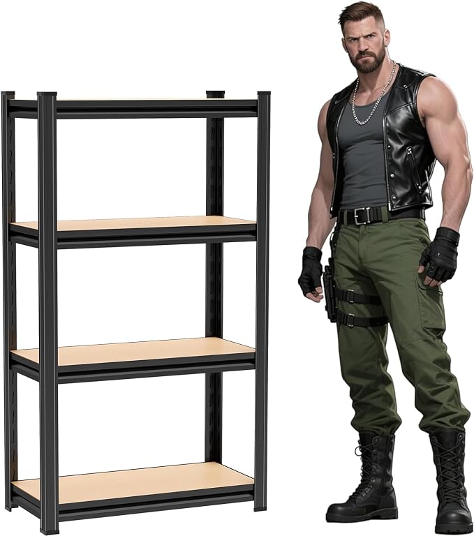 Wooden Garage Shelving, 4-Tier Storage Shelves, Double-Layer Uprights, by Beaunatixx