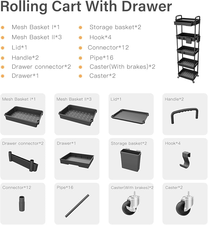 Sorgion 5 Tier Rolling Cart Organizer, Bathroom Cart Organizers - Image 7