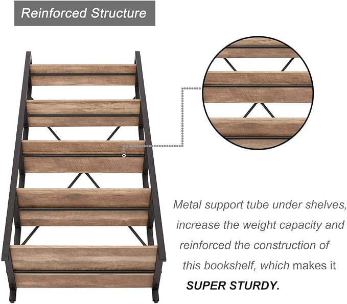 BON AUGURE Industrial 5 Tier Ladder Bookshelf, Wood and Metal Ladder Shelf - Image 5