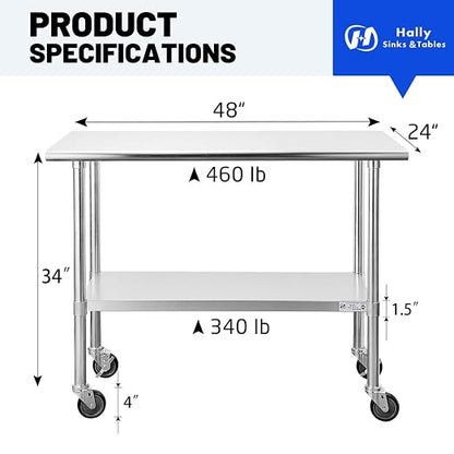 Hally Stainless Steel Table for Prep & Work 24 x 48 Inches - Image 2