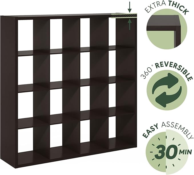 Furinno Cubicle 16-Cube Book Shelf, Extra Thick Frame Bookshelf, Dark Oak | - Image 6