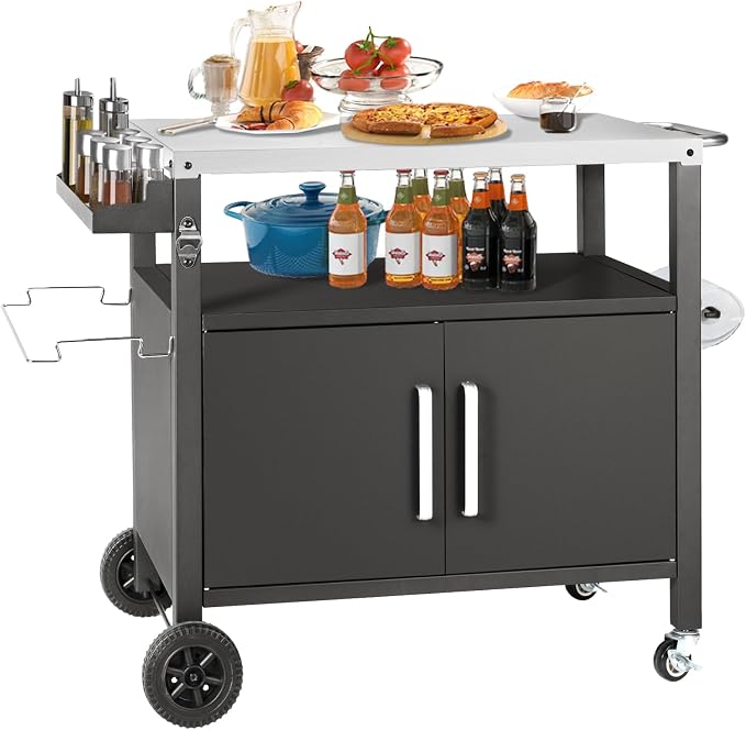 Grill Cart Table with Big Storage Cabinet, Movable Outdoor Dining Cart Pizza by Kendane