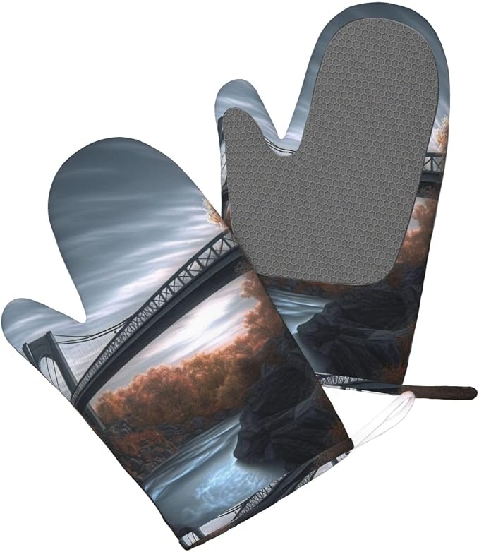 Scenery Bridge Print Oven Mitts Set of 2, Heat Resistant Silicone Oven Mittens - Image 3
