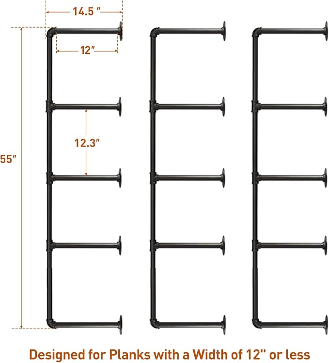 HITOMEN Industrial Iron Pipe Shelves, 3 Set 5-Tier, DIY Open Bookshelf Bookcase - Image 3