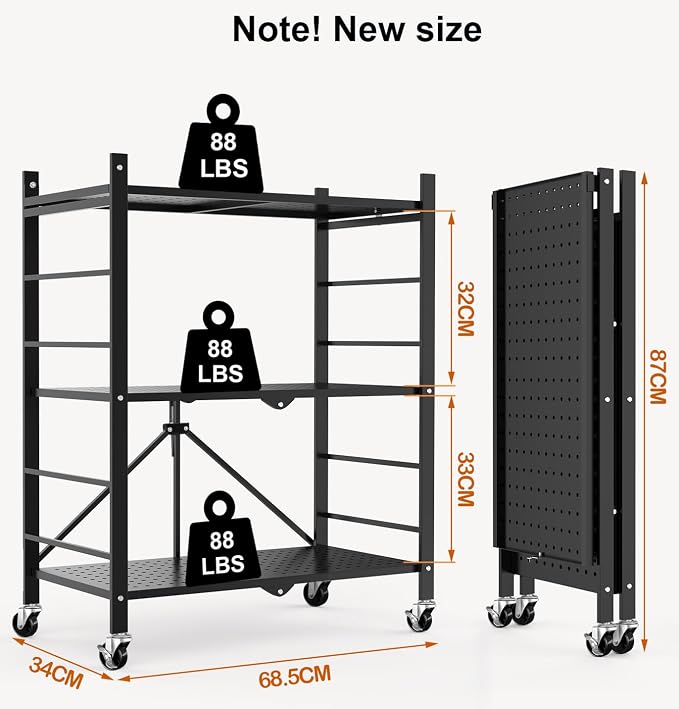 Himix Storage Shelves with 6 Hooks, 3 Tier Foldable Shelf with Wheels, Metal - Image 3