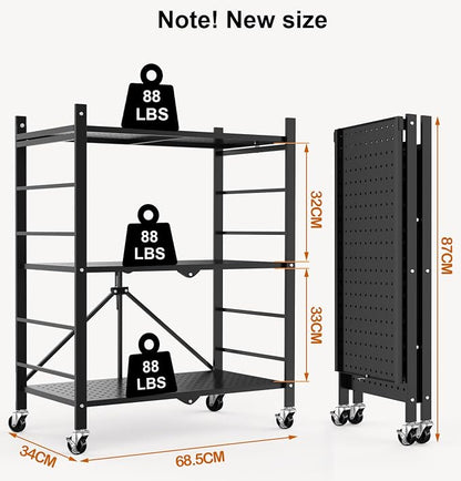 Himix Storage Shelves with 6 Hooks, 3 Tier Foldable Shelf with Wheels, Metal - Image 3