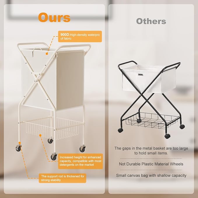 Laundry Basket with Wheels:88L Rolling Laundry Cart Foldable Metal Frame Dirty - Image 8