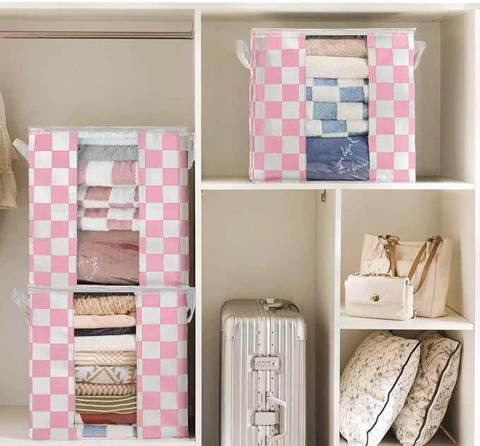 Pink Checkered Clothes Storage Bins, 100L Large Blanket Storage Bags 3 Pack - Image 3