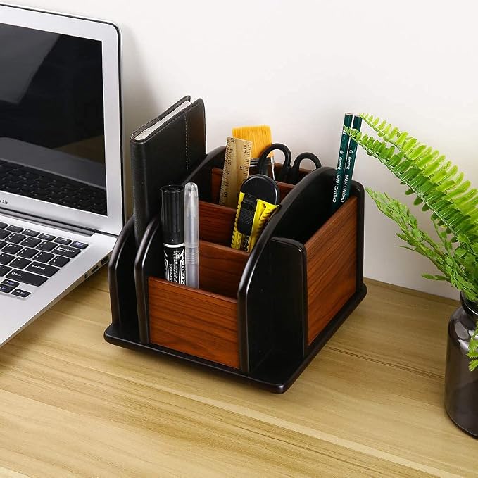 Wooden Desk Organizer, Desktop Office Supplies Storage Remote Control Caddy - Image 6