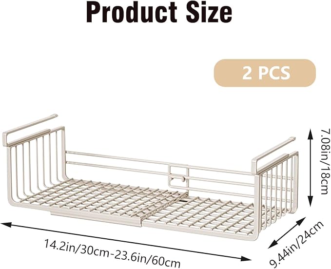 JIABEIUS 2 Pack Under Shelf Storage Basket, Extendable Under Cabinet Organizer - Image 2