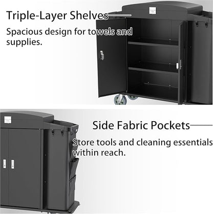 Heavy Duty Metal Housekeeping Janitorial Cart, Silent Casters, Locking Large - Image 5