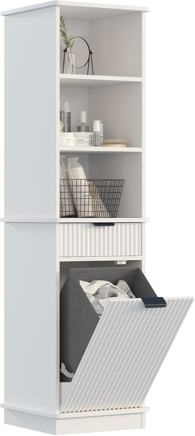 White Tilt Out Laundry Hamper Tall Bathroom Storage Cabinet Hidden Laundry - Image 6