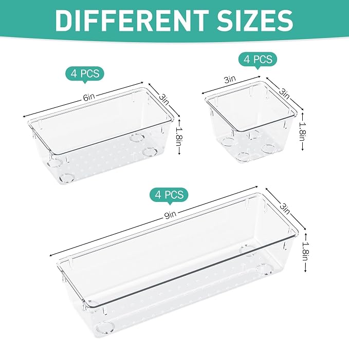 WOWBOX 12 Pack Clear Drawer Organizer Set, Acrylic Drawer Storage Trays - Image 2