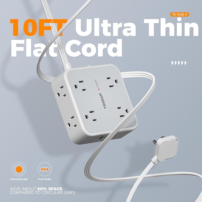 TESSAN Surge Protector Power Strip Flat Plug, Long Extension Cord 10 FT - Image 5