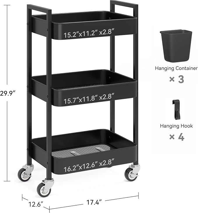 Nunsino 3 Tier Rolling Cart, Utility Cart - Image 4
