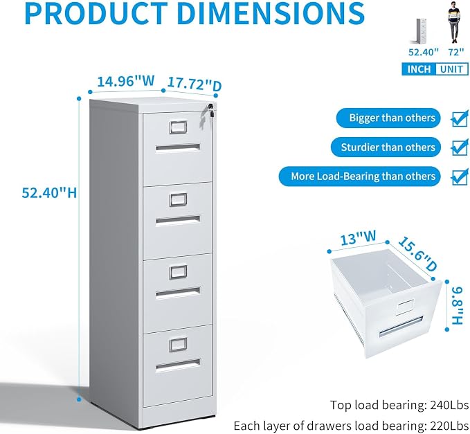 4 Drawer File Cabinet with Lock, Metal Vertical Filing Storage Cabinet - Image 3