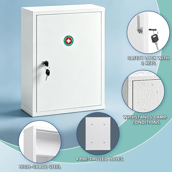 KYODOLED Wall Mount Locking Medicine Cabinet, Large Capacity First Aid Cabinet - Image 6