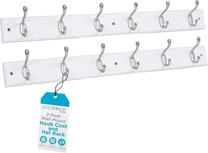 BIRDROCK HOME Oval Hook Coat and Hat Rack | 6 Hooks | 2 Pack | White Finish | by BIRDROCKHOME