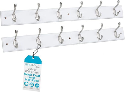 BIRDROCK HOME Oval Hook Coat and Hat Rack | 6 Hooks | 2 Pack | White Finish | by BIRDROCKHOME