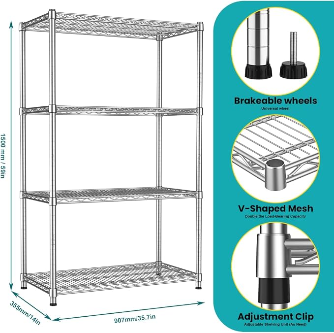 4- Shelf Storage Shelves Metal Shelving Unit Adjustable 4 Tier Wire Shelving - Image 3