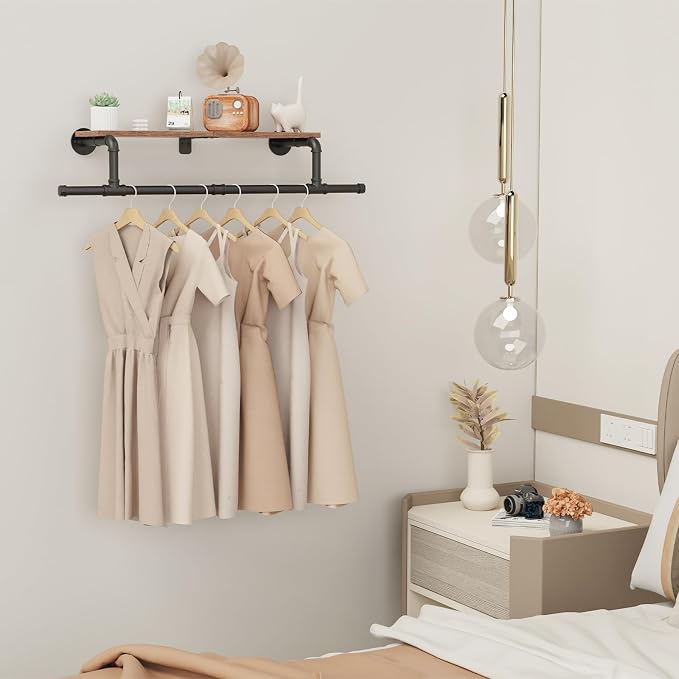 Wall Mounted Garment Rack with Top Shelf, Space Saver Industrial Pipe Clothes - Image 2