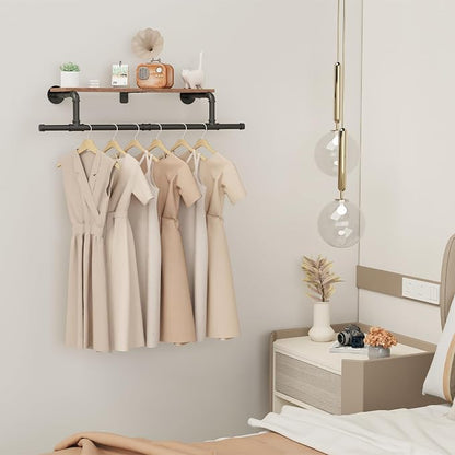 Wall Mounted Garment Rack with Top Shelf, Space Saver Industrial Pipe Clothes - Image 2