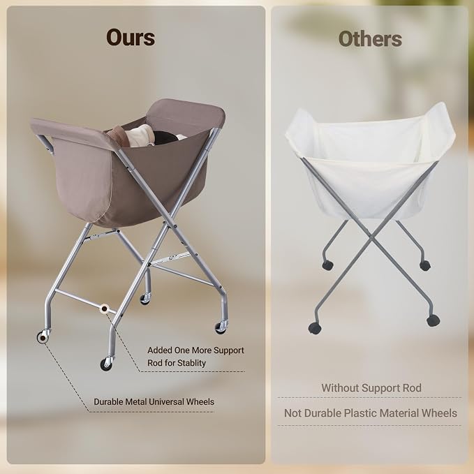ELYKEN Laundry Basket with Wheels, Collapsible Laundry Hamper, Camel Brown | - Image 9