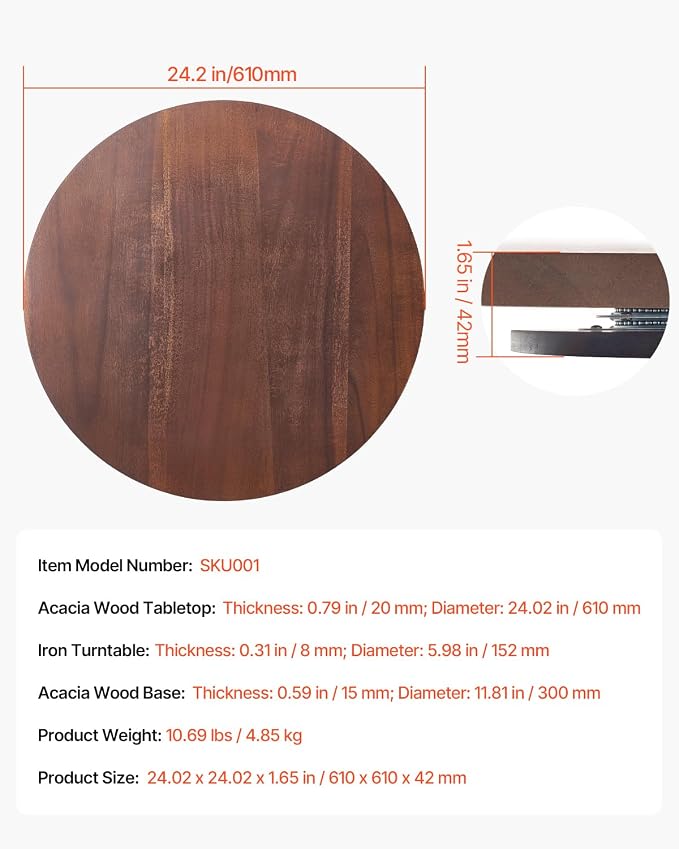 VEVOR 24 in Wood Lazy Susan Turntable, 360° Rotation Round Clear Tabletop - Image 7