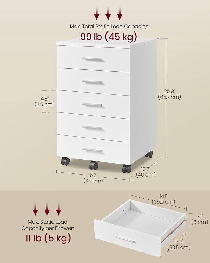 VASAGLE File Cabinet, Mobile Pedestal Filing Cabinet - Image 3