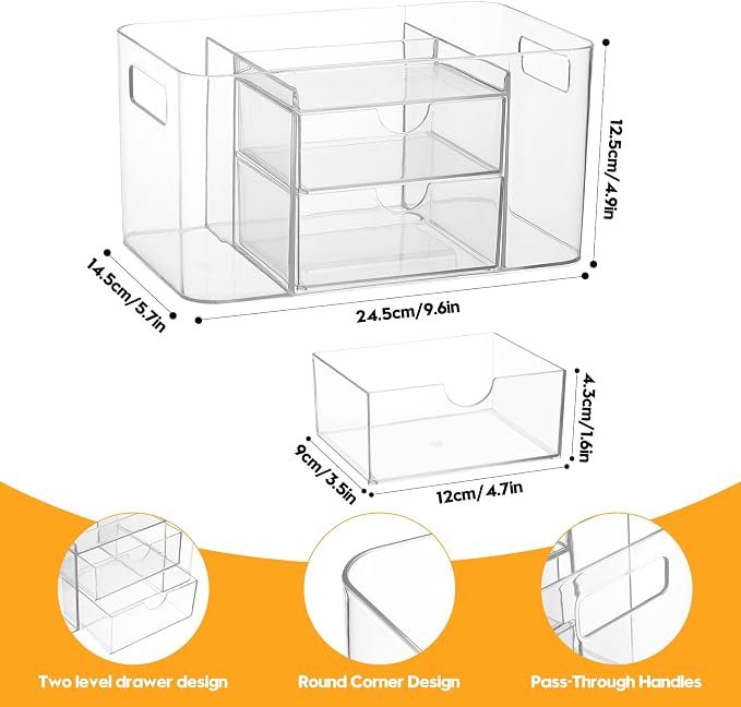 Acrylic Makeup Organizer for Countertop – 2 Drawers & 3 Compartments, Jewelry & - Image 2