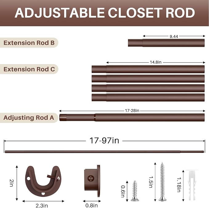 Closet Rod - Closet Rods for Hanging Clothes, 17 to 97 inch Adjustable Closet - Image 2