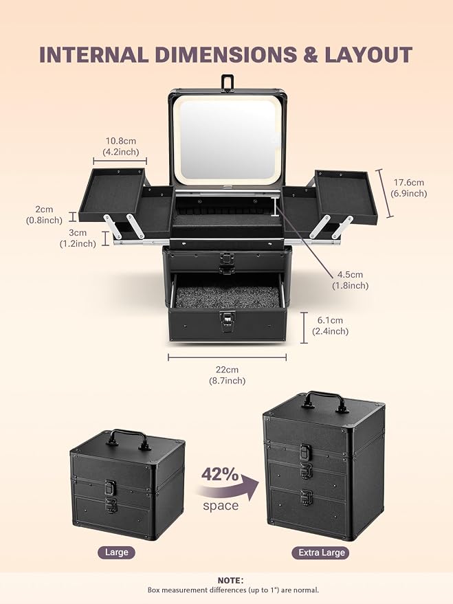 Qislee Makeup Box with Drawer and Four Trays, A Detachable Lighted Mirror - Image 5