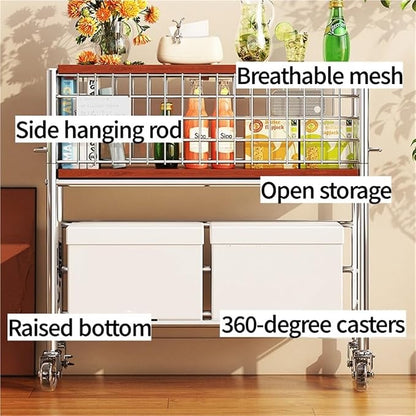 Slim Storage Cart with Wheels, 2 Tier Rolling Cart with Solid Wood Open Shelf - Image 4