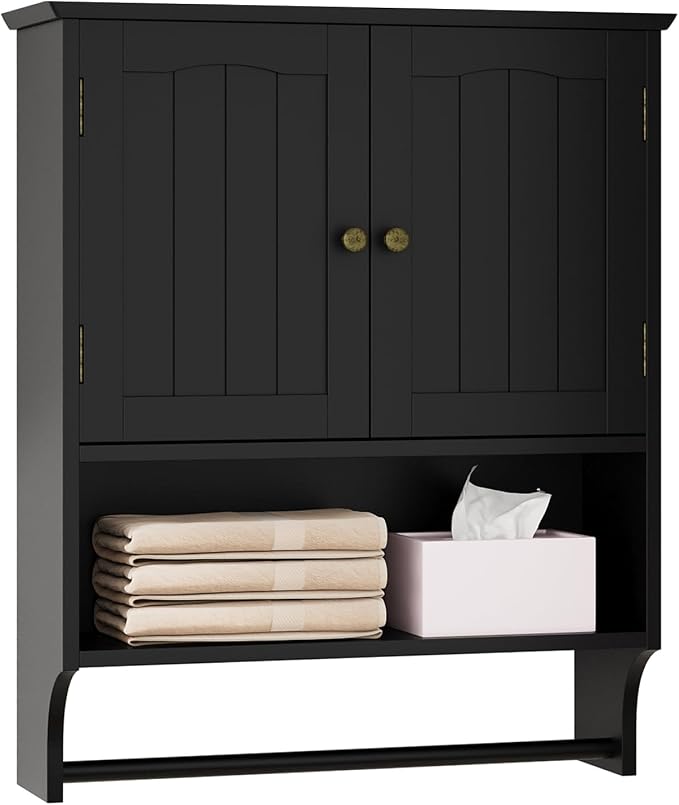 Black Bathroom Cabinet with Towel Rack, Bathroom Wall Cabinet with 2 Doors and - Image 6