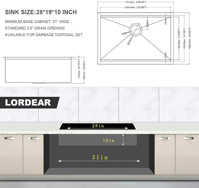 Lordear 28 Undermount Kitchen Sink Stainless Steel 16 Gauge Under Counter - Image 4