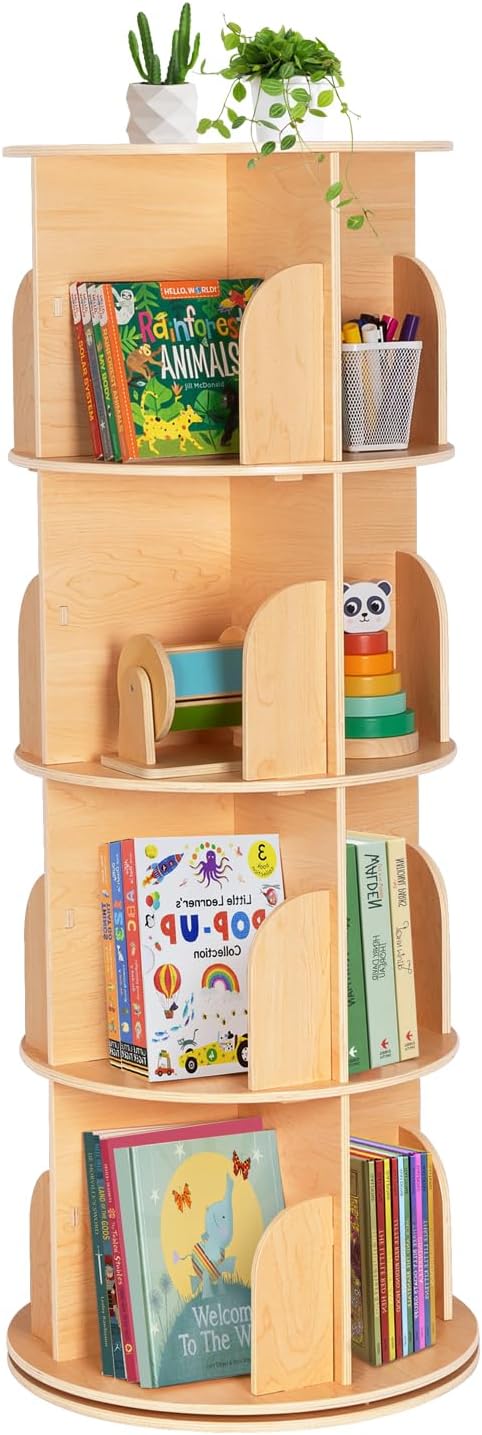 OOOK 4-Tier Rotating Bookshelf Tower, 360°Display Wooden Spinning Bookcase | by OOOK