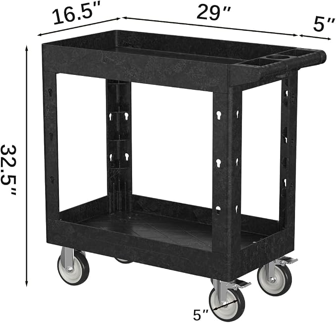 2 Tier Plastic Rolling Utility Cart on Wheels, Heavy Duty Tool Cart - Image 3