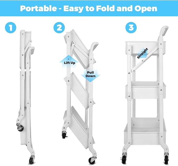 Foldable 3 Tier Metal Utility Rolling Cart, Folding Mobile Multi-Function - Image 2