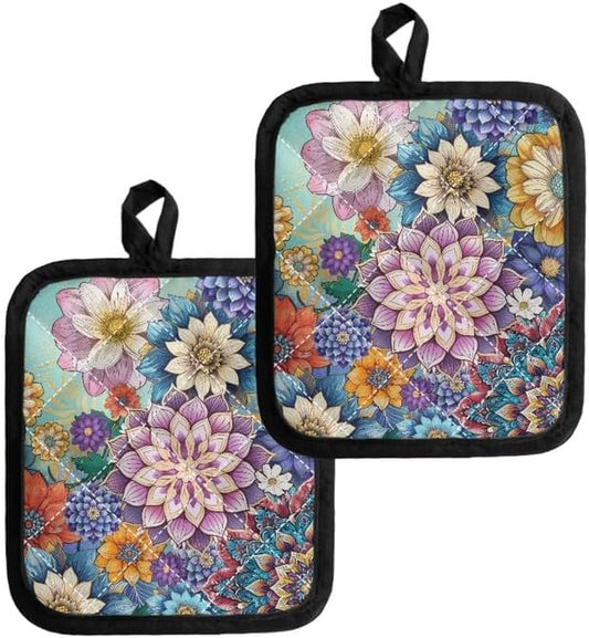 Blooming Flower Pot Holders for Kitchen Heat Resistant Cotton, Groovy Floral 4 by Jndtueit