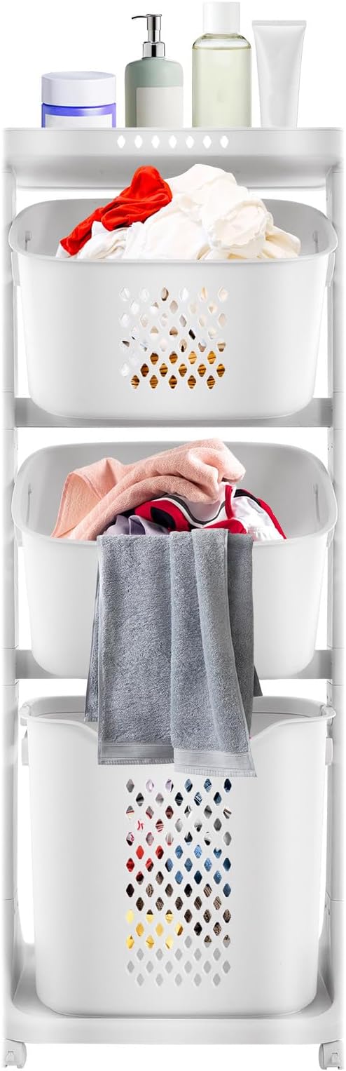3-Tier Rolling Laundry Hamper Sorter Cart, Vertical Clothes Laundry Basket by DouSeiAi