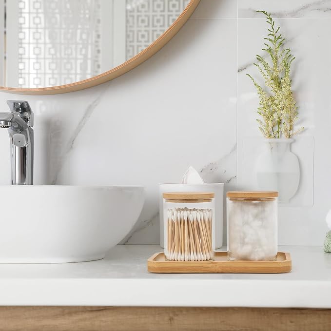 Bamboo Vanity Tray, Bathroom Tray Organizer Glass Qtip Holder Dispenser - Image 2