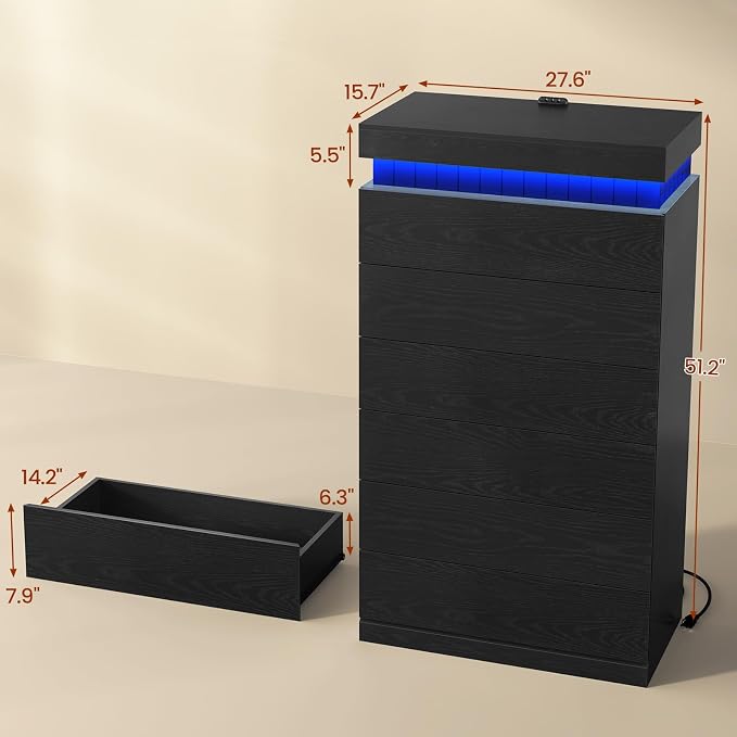 Tall Black 6 Dresser for Bedroom, Sliding Top Storage Space, Modern Wood Drawers - Image 2