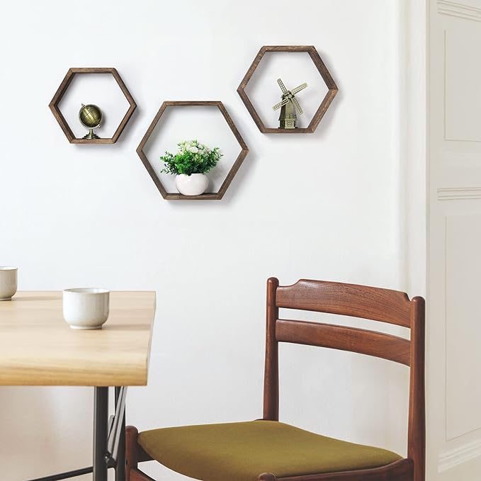 Hexagon Floating Shelves Set of 6 Farmhouse Honeycomb Wall Storage Shelf Wood - Image 6