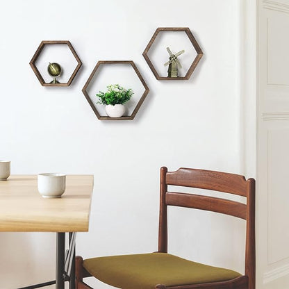 Hexagon Floating Shelves Set of 6 Farmhouse Honeycomb Wall Storage Shelf Wood - Image 6