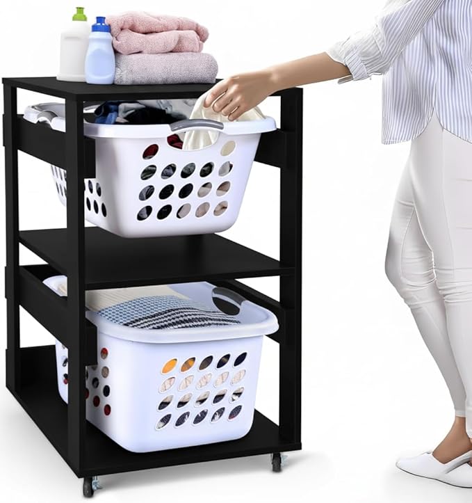 Laundry Basket Holder Shelf, Stackable Laundry Sorter, 2 Tier | Engineered Wood by LeapOak