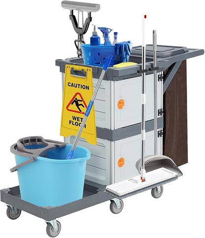 Janitorial Cart with 2 Cabinet, Commercial Traditional Janitorial 3-Shelf by SLEKVERSA