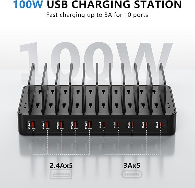 USB C Charging Station for Multiple Devices, 10-Port 100W Charging Dock - Image 3