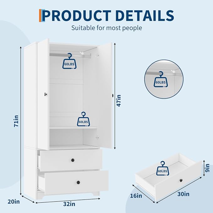 Garvee 71" Armoire Wardrobe Closet, Modern Wooden Bedroom Armoire - Image 2